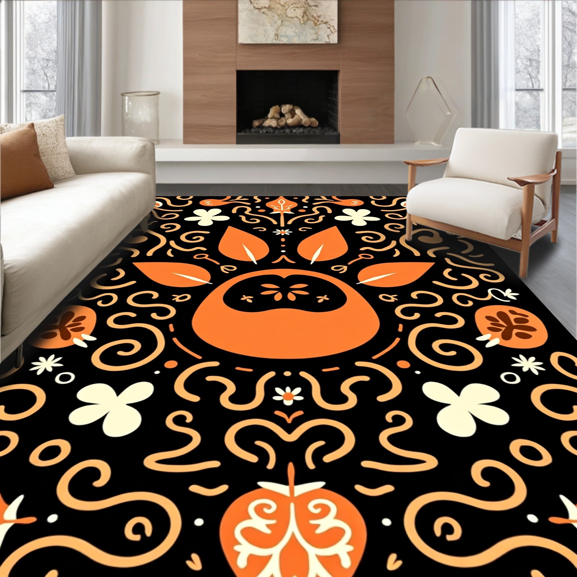 Bold Orange Folk Floral Swirls Rug