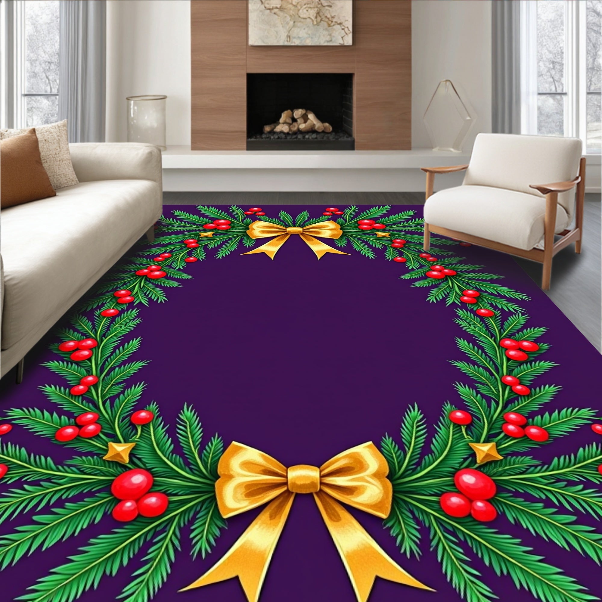 Golden Bow Evergreen Berry Wreath Rug