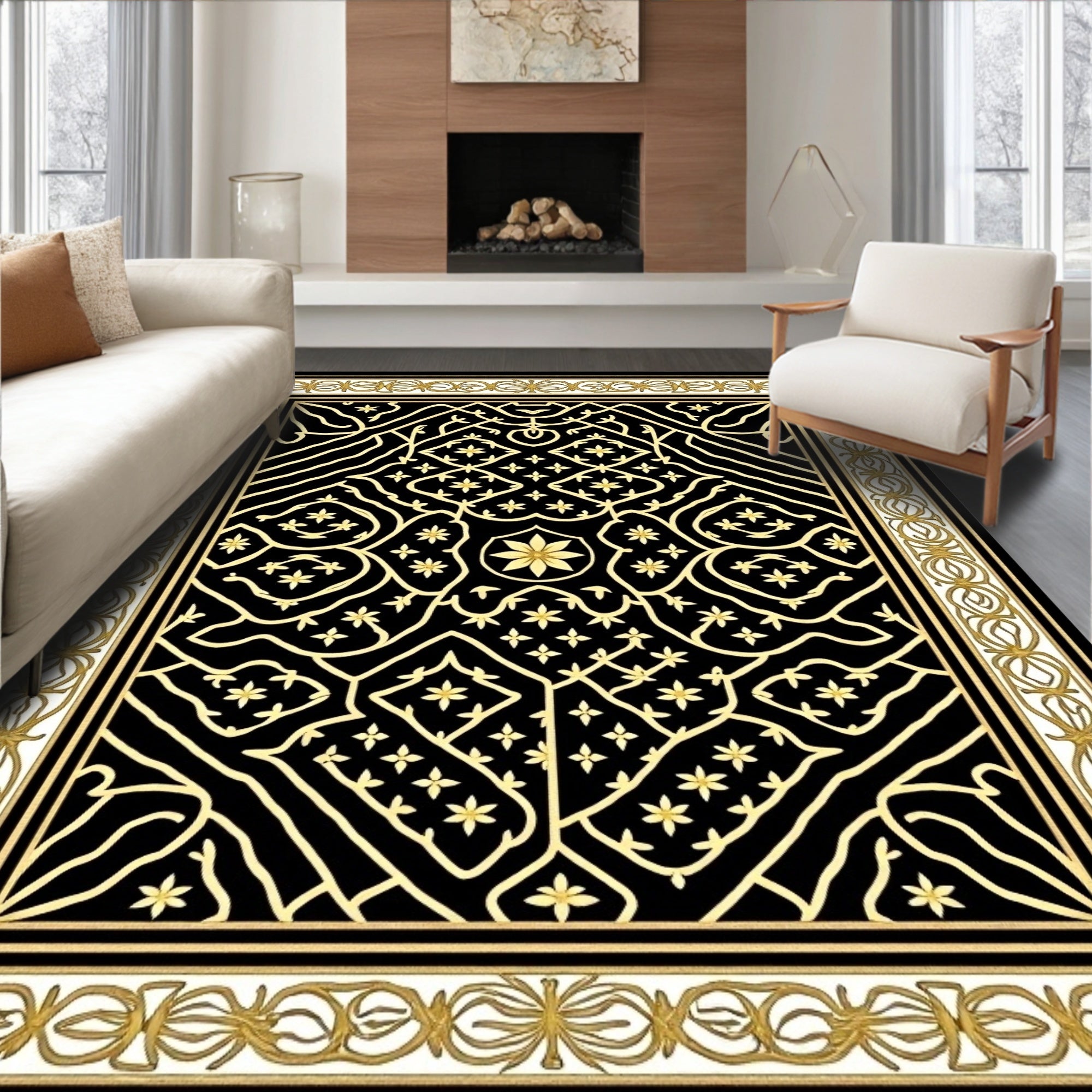 Black and Gold Geometric Floral Medallion Rug