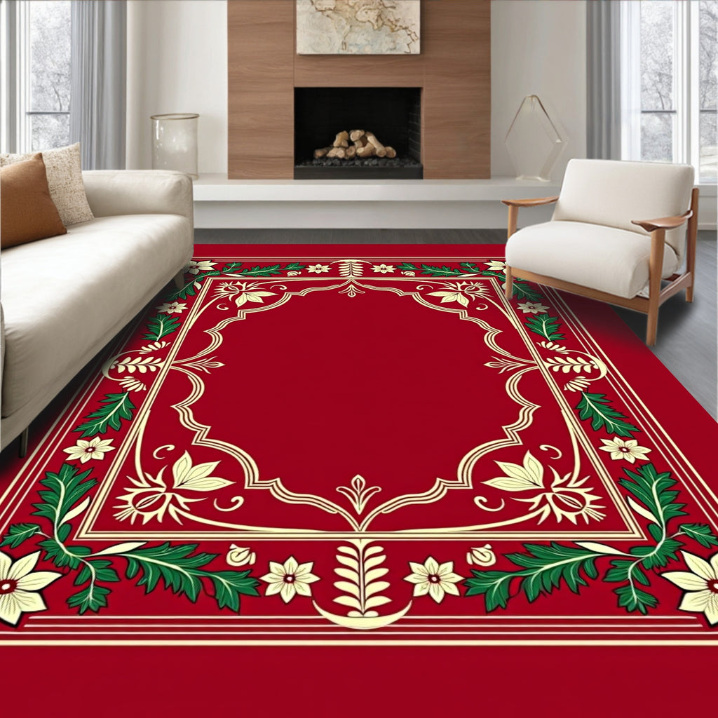 Ornate Red Floral Scroll Border Rug