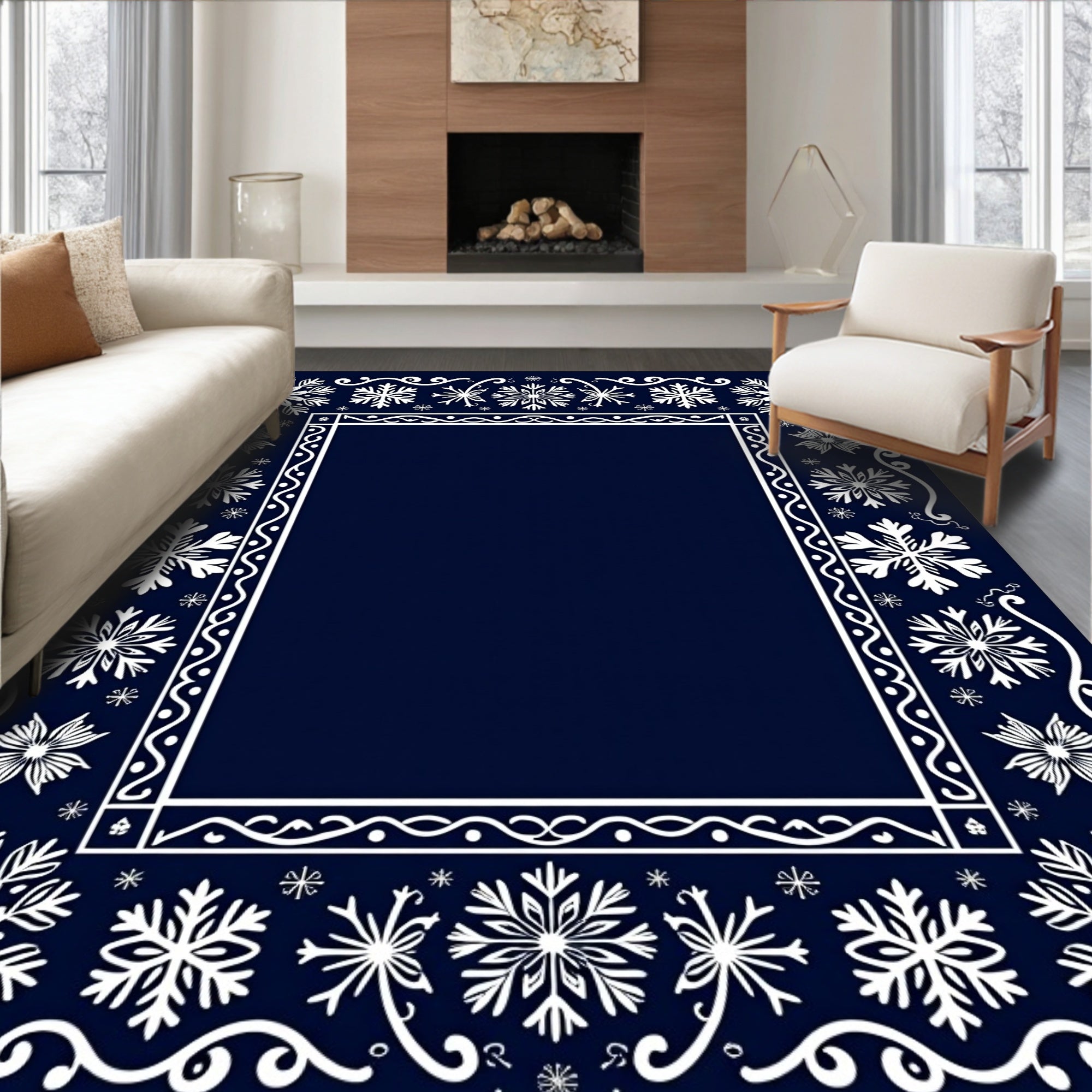 Navy White Snowflake Border Rug