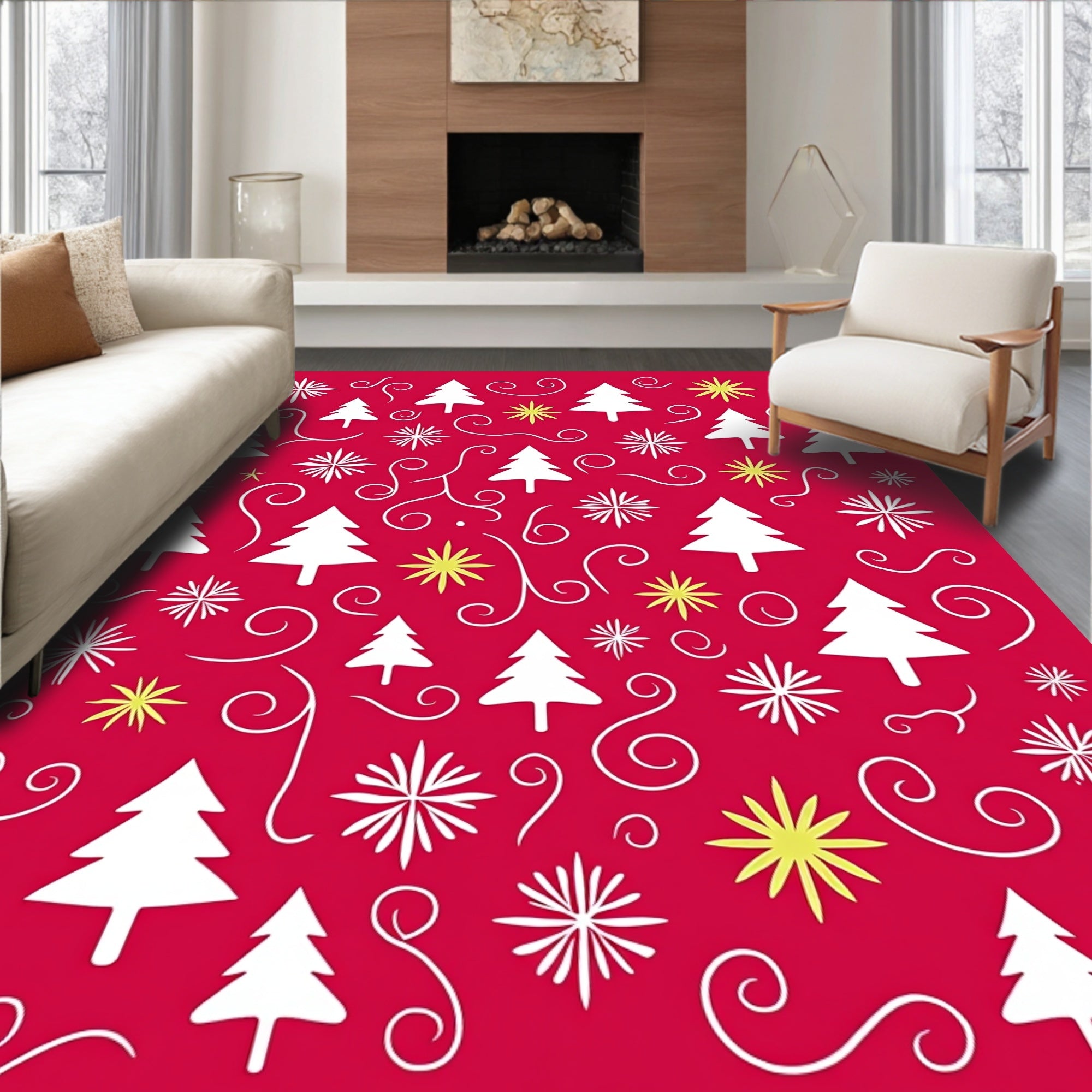 White Pine Tree Snowflake Swirl Red Design Rug