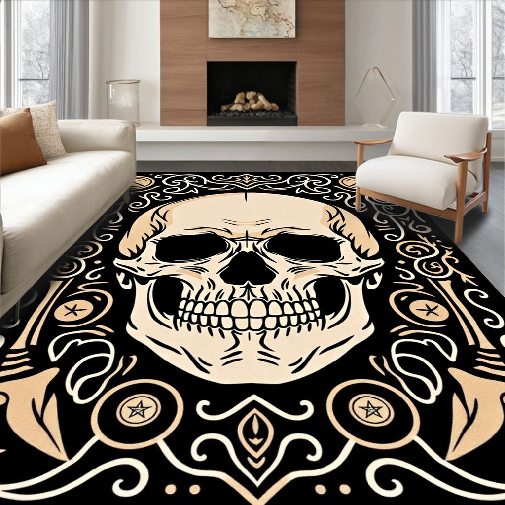 Cream Skull with Black Ornate Border Rug