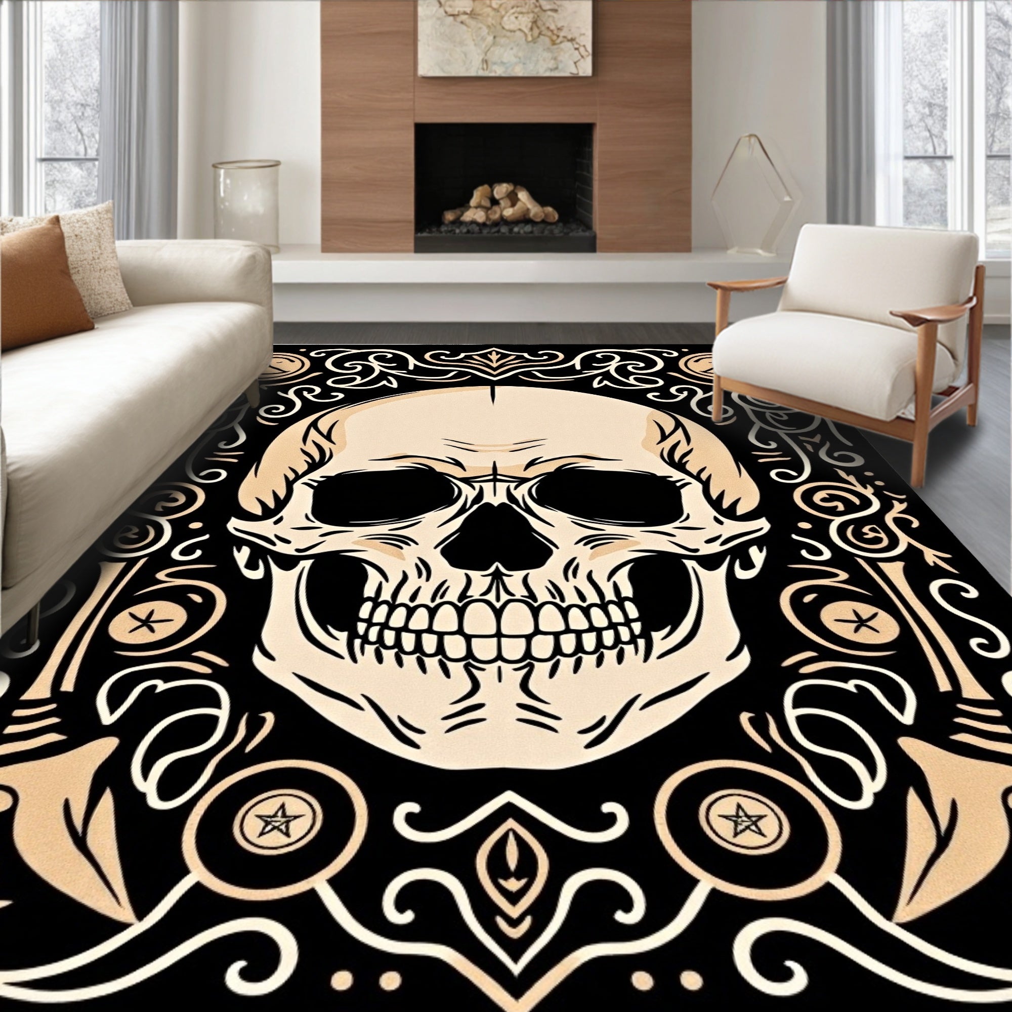 Cream Skull with Black Ornate Border Rug