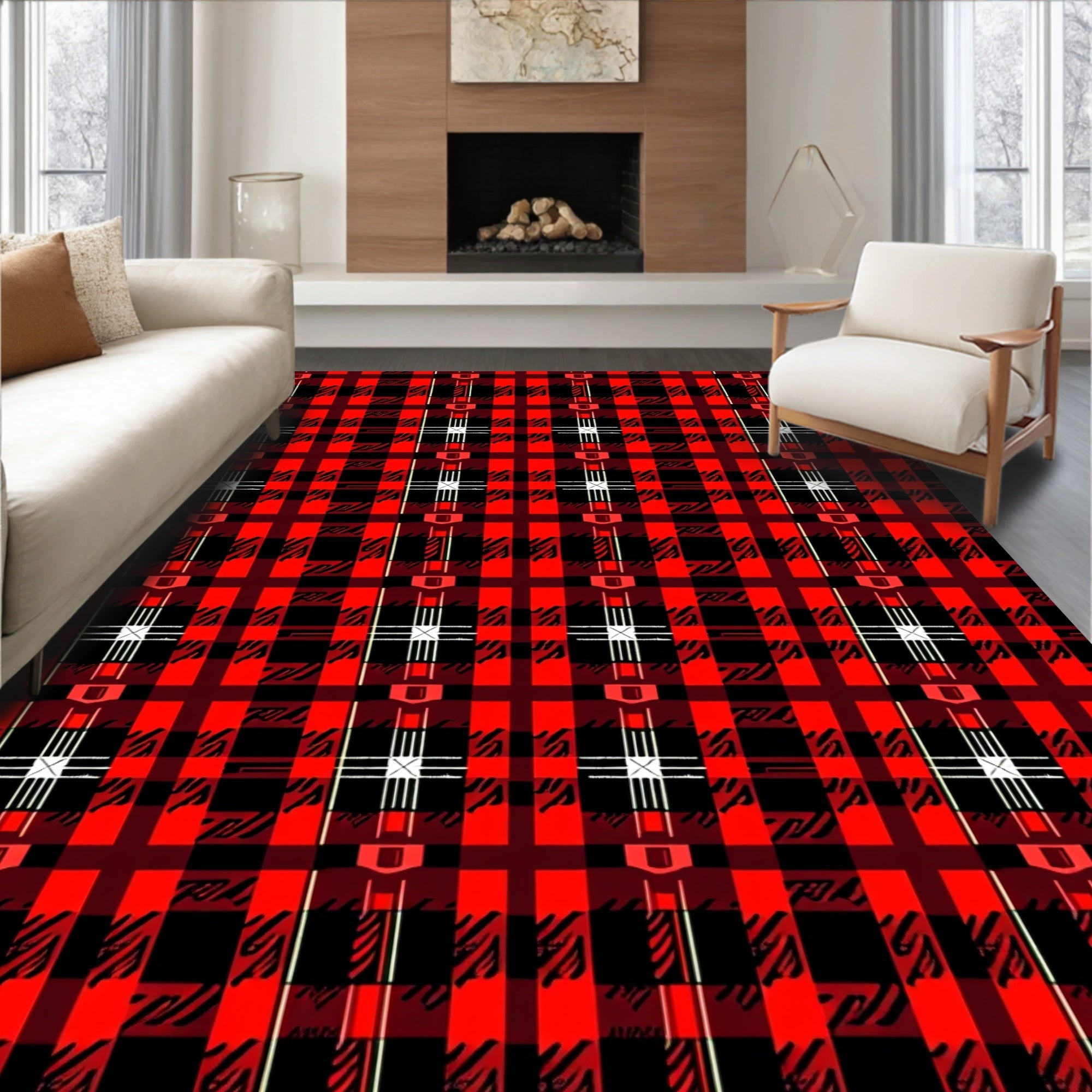 Red Black Plaid Tartan Square Rug