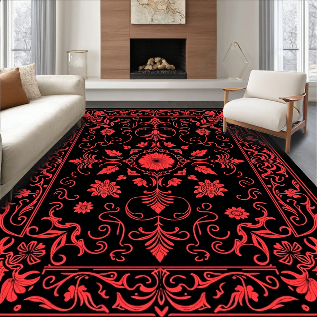 Crimson Floral Medallion Frame Rug