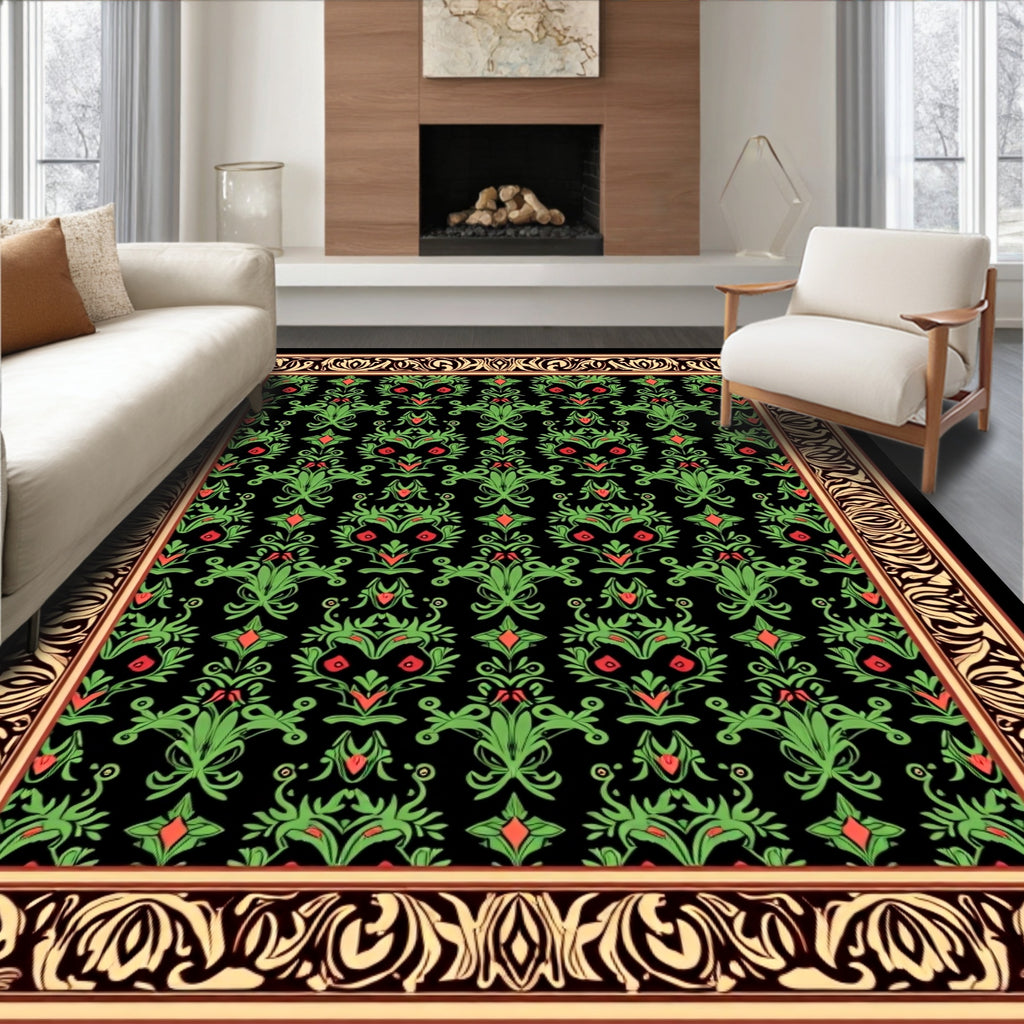 Emerald Green Red Floral Damask Rug