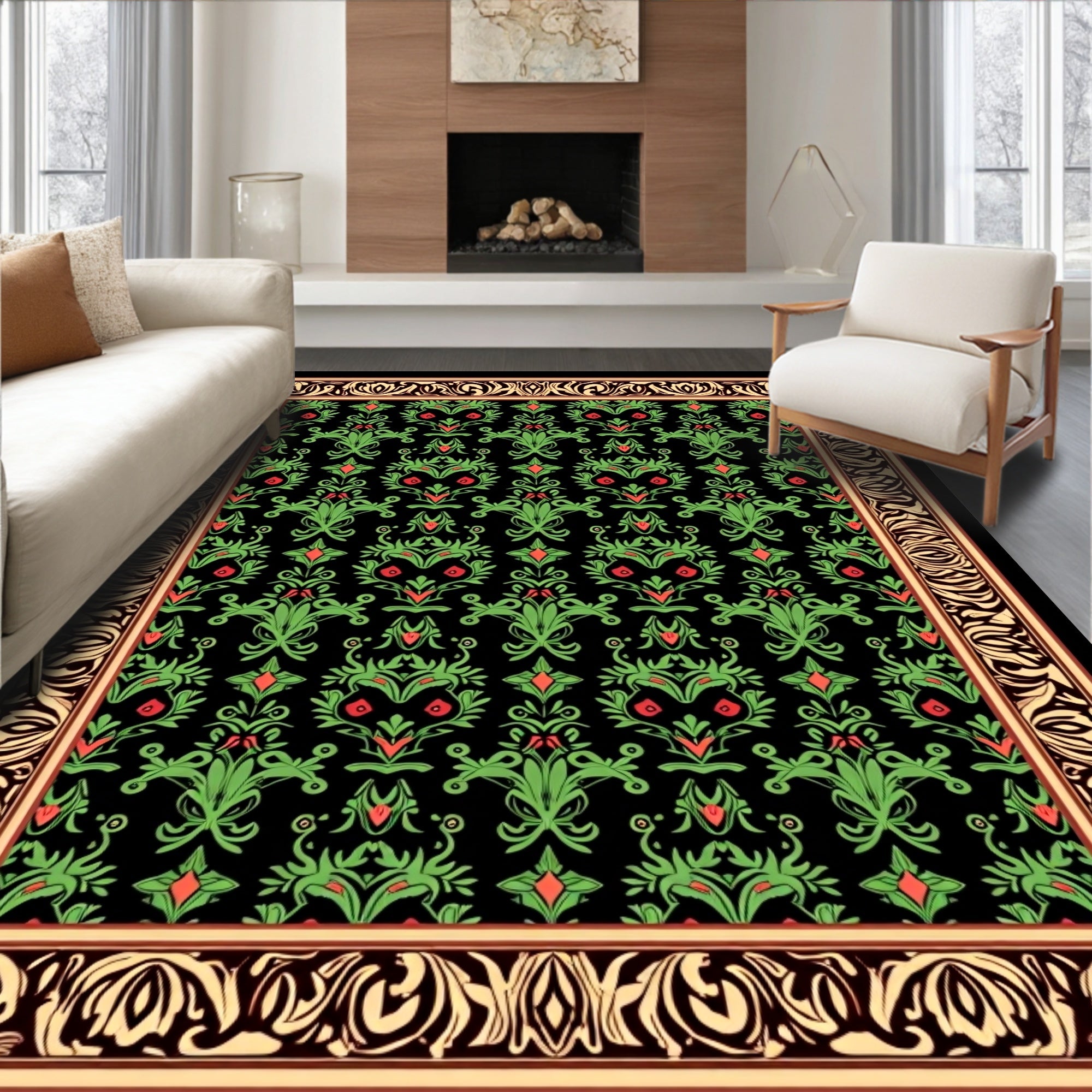 Emerald Green Red Floral Damask Rug