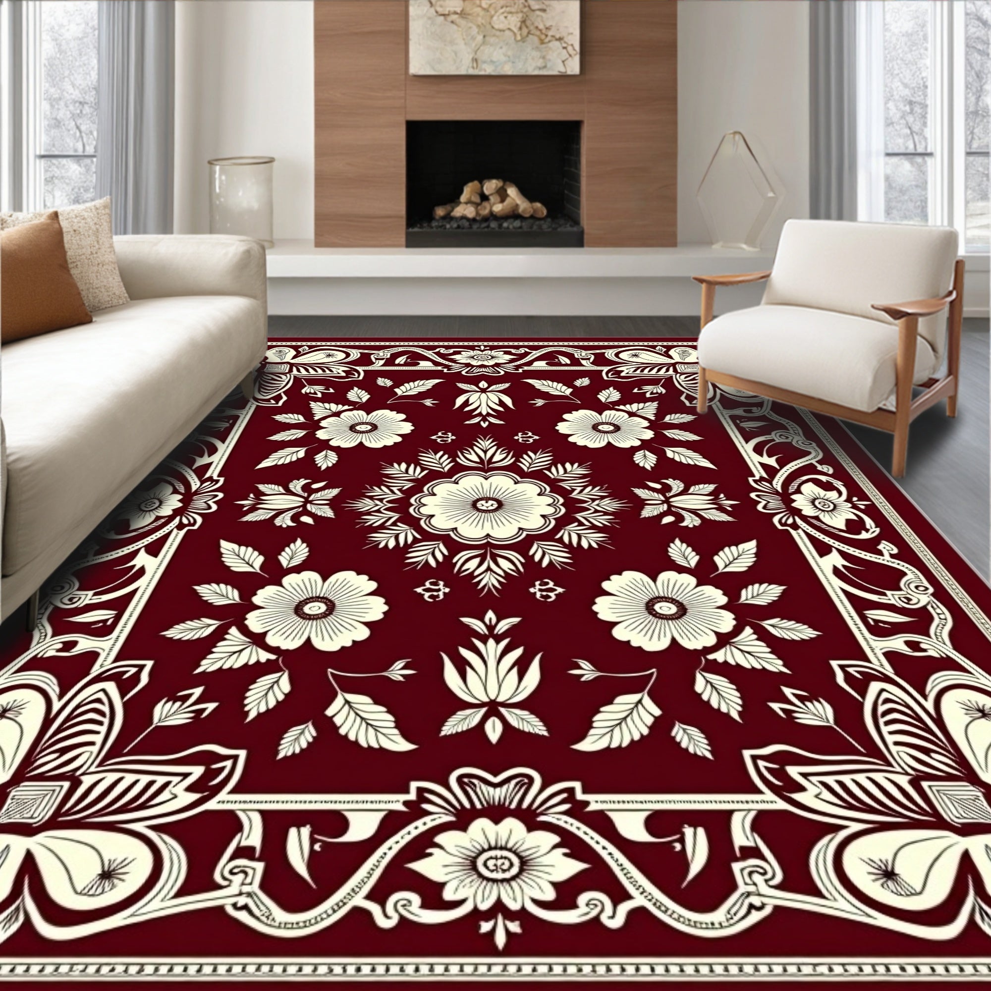 Rich Scarlet Cream Botanical Ornament Rug