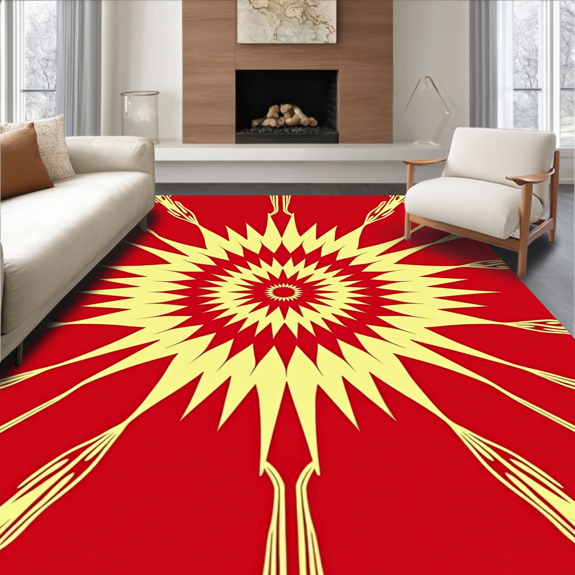 Radiant Yellow Sunburst Red Rug