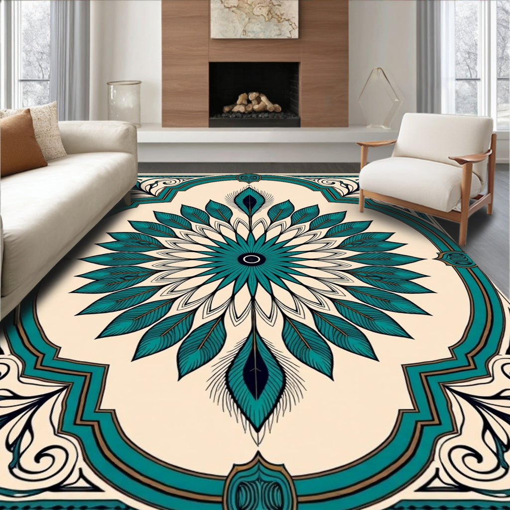 Teal Feather Mandala With Golden Frame Rug