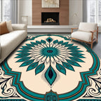 Teal Feather Mandala With Golden Frame Rug