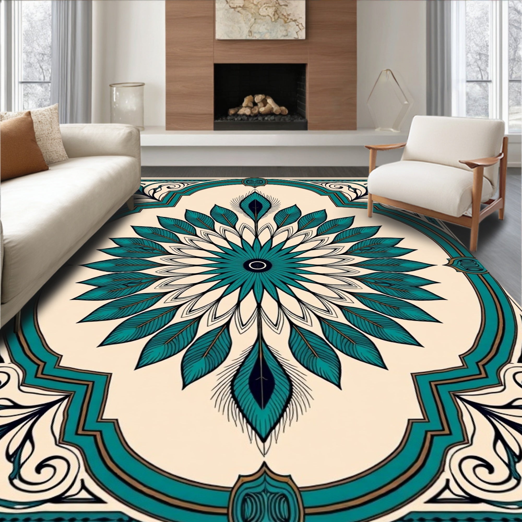 Teal Feather Mandala With Golden Frame Rug