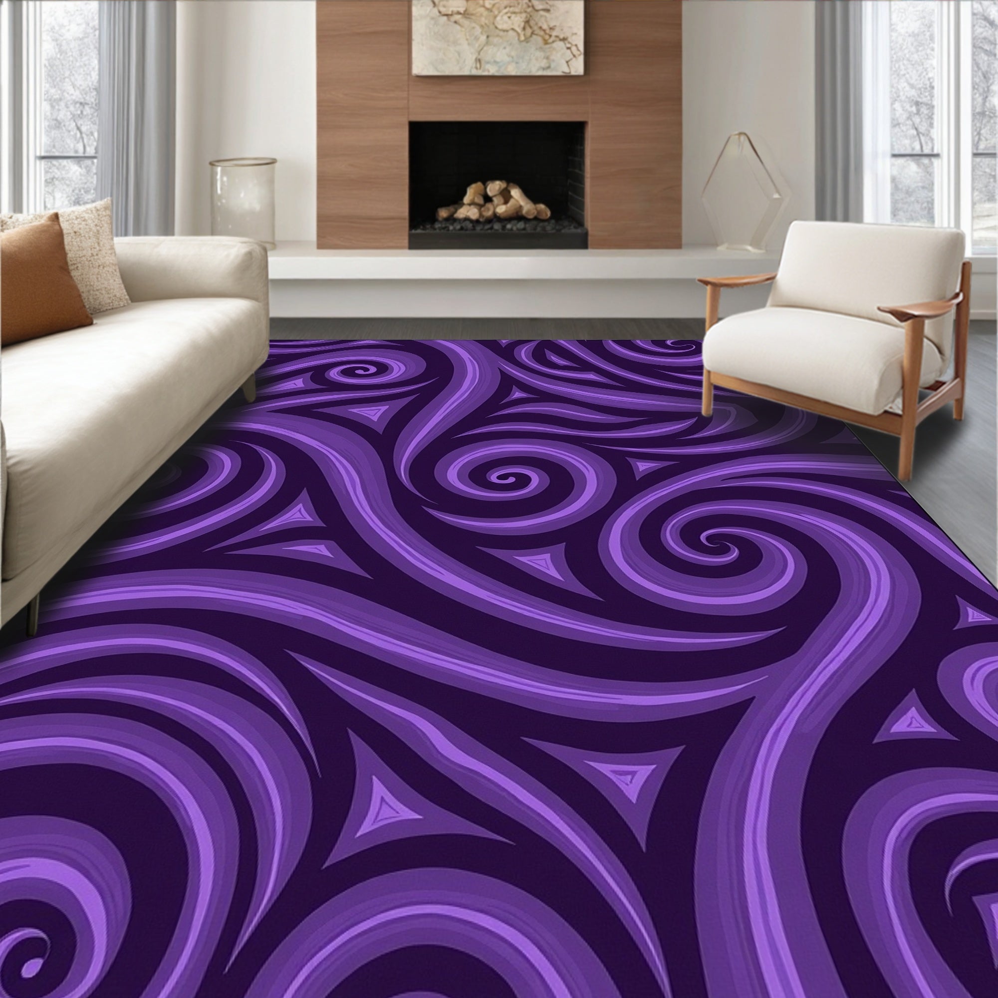 Royal Purple Swirl and Triangle Arrangement Rug