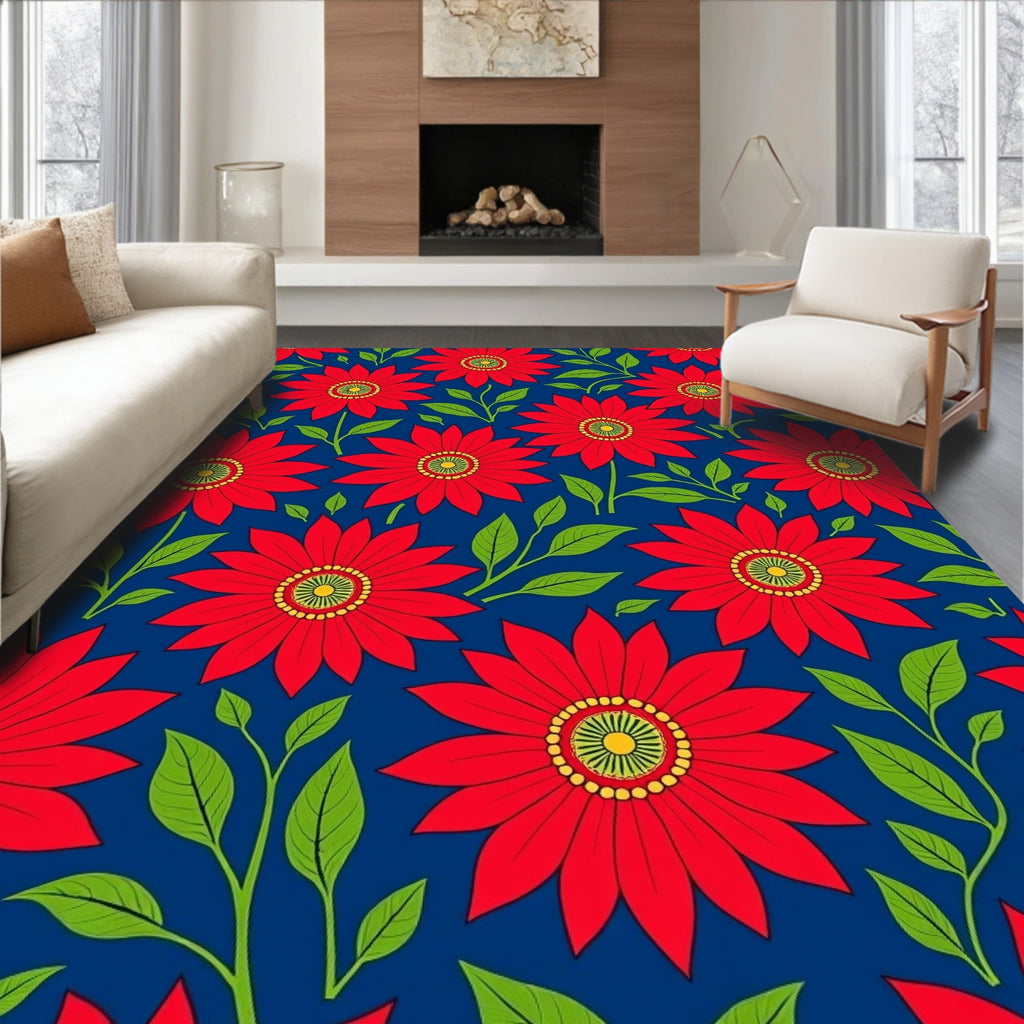 Vibrant Red Daisy Floral Navy Rug