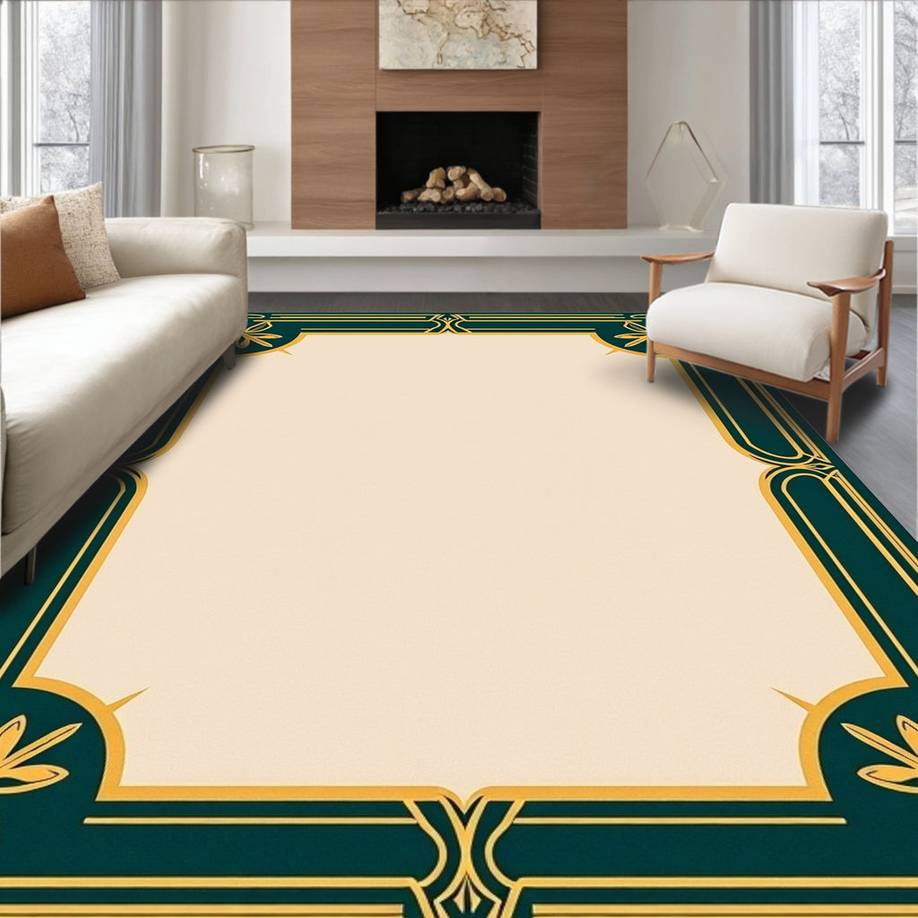 Art Deco Teal Golden Floral Border Rug