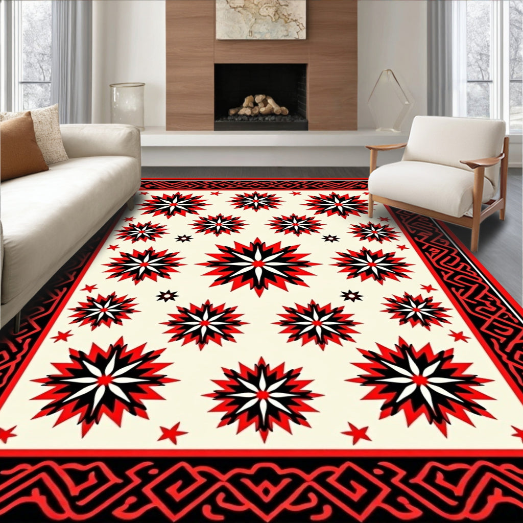 Red Black Cream Starburst Border Rug
