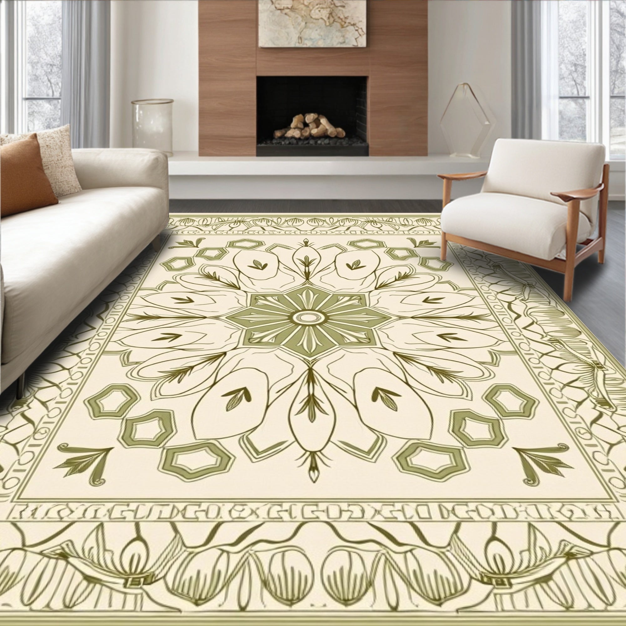 Sage Green Floral Medallion Border Rug