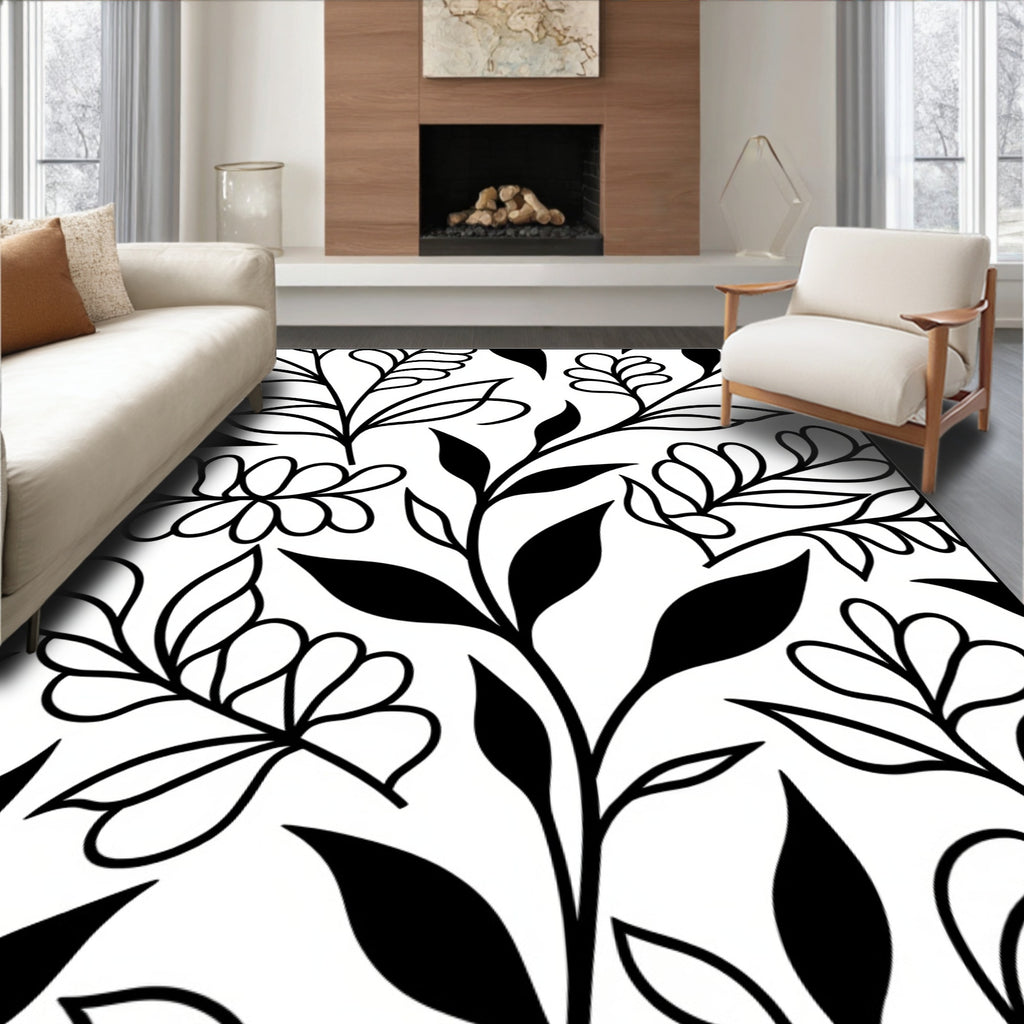 Black and White Leafy Vine Abstract Rug