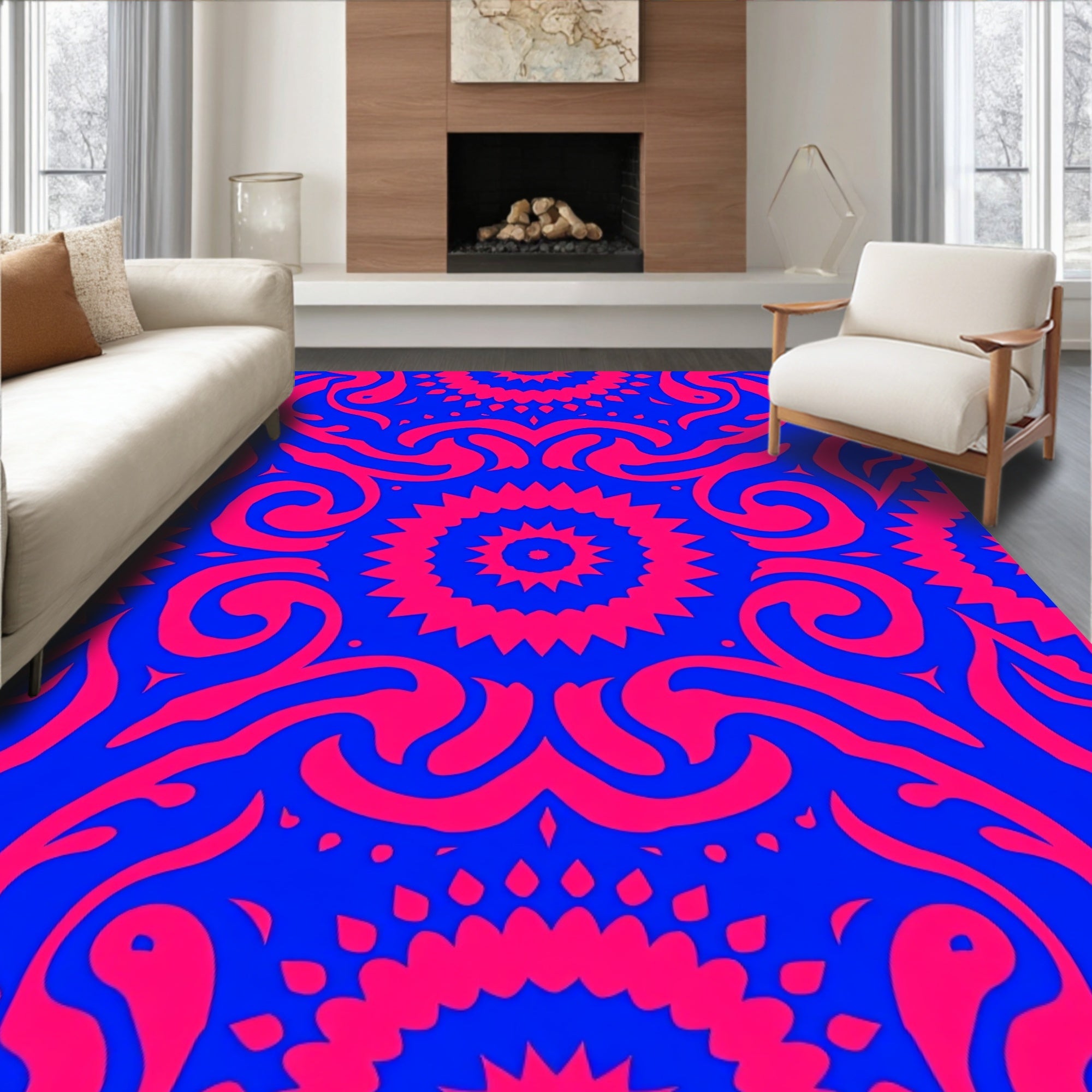 Vibrant Blue Crimson Floral Swirl Rug