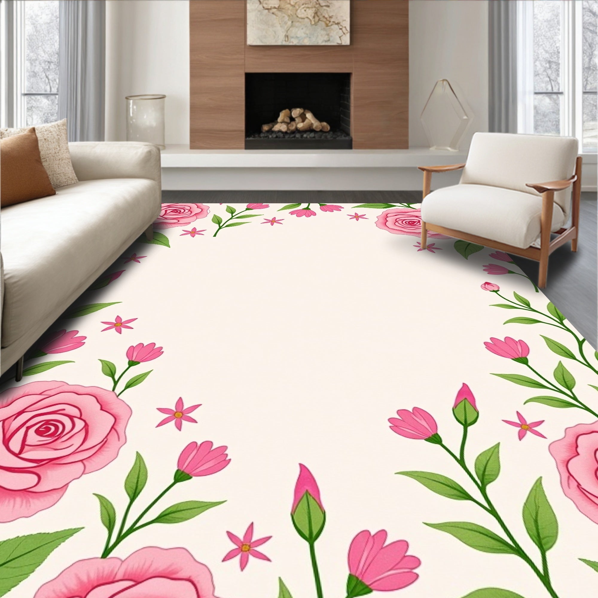 Pink Roses and Buds Border Rug