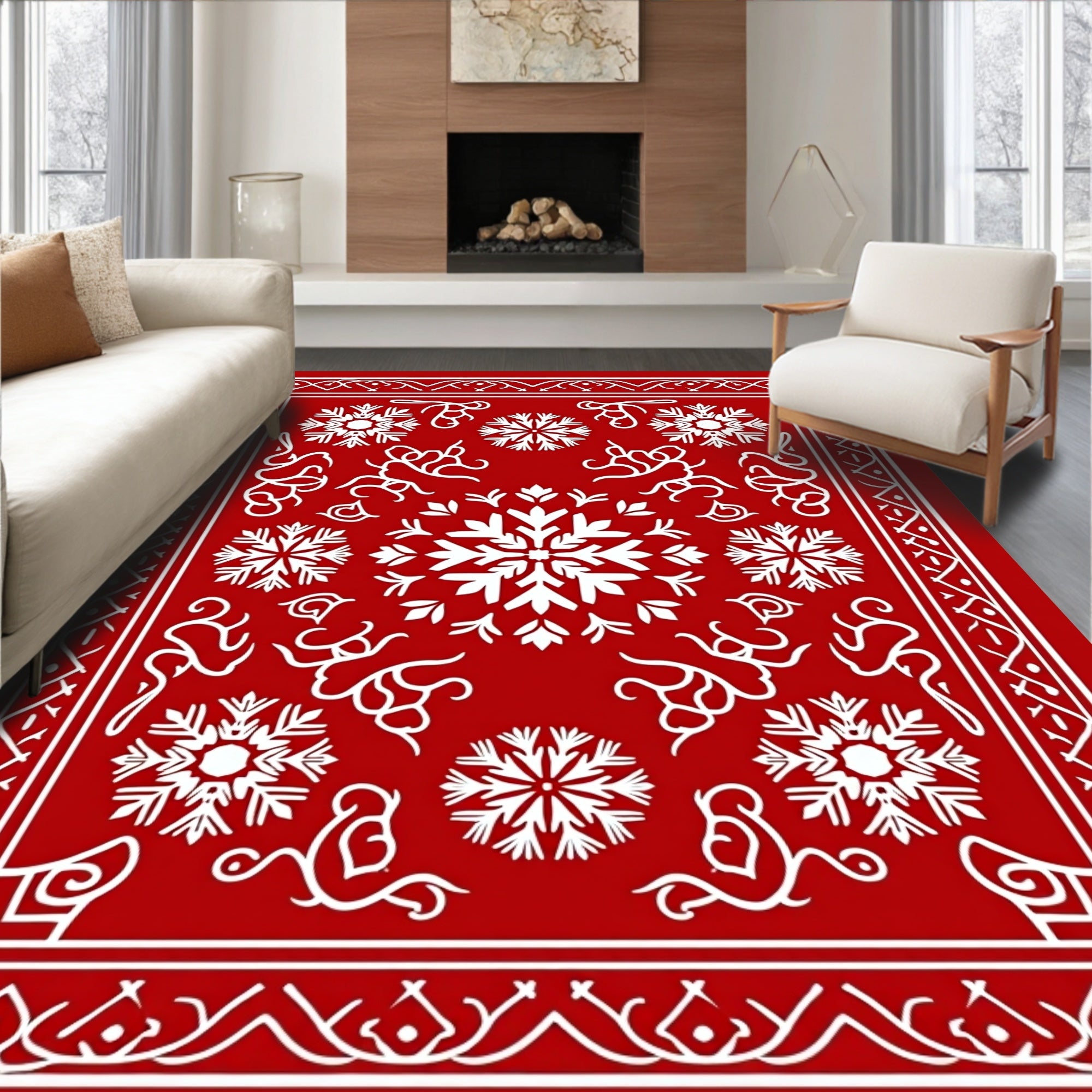 Red White Snowflake Mandala Border Rug