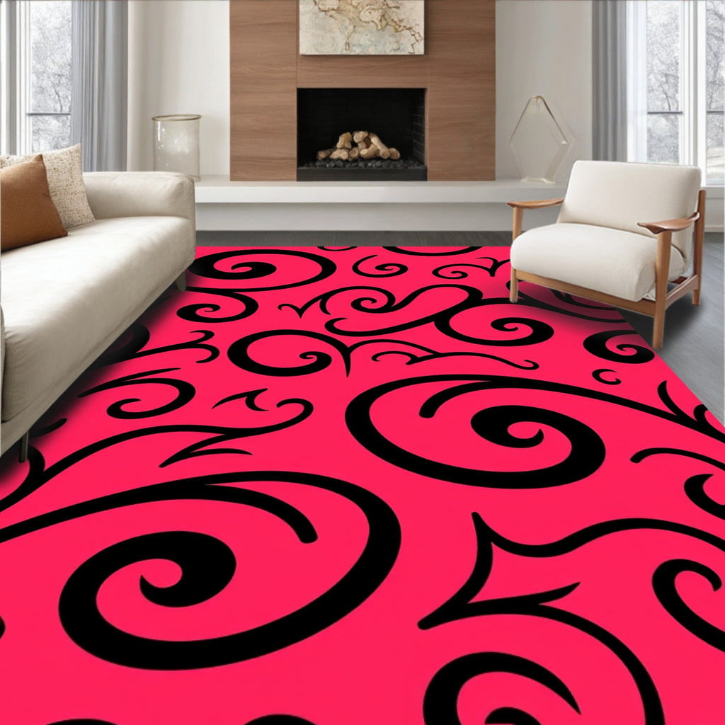 Bold Black Swirls Bright Pink Background Rug