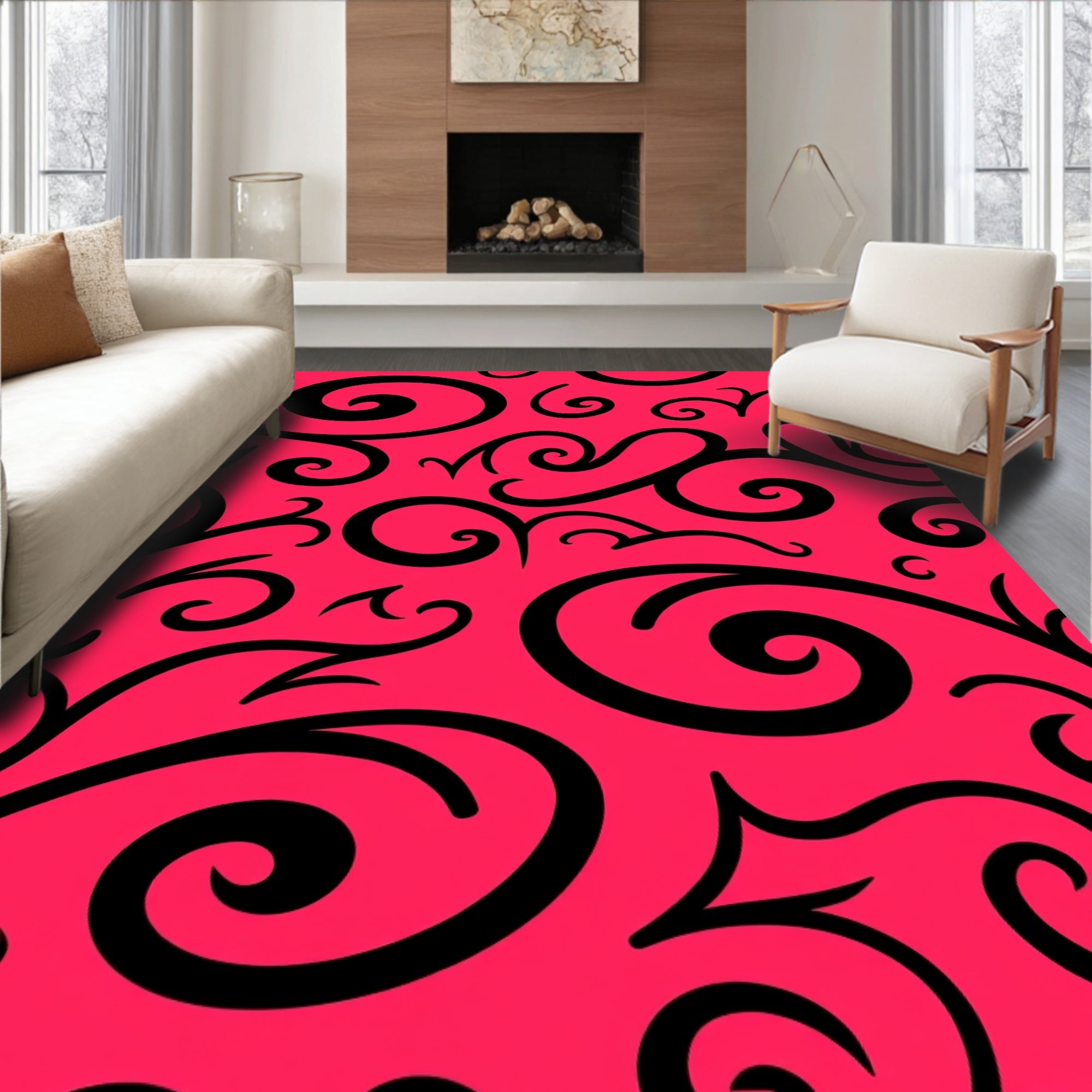 Bold Black Swirls Bright Pink Background Rug