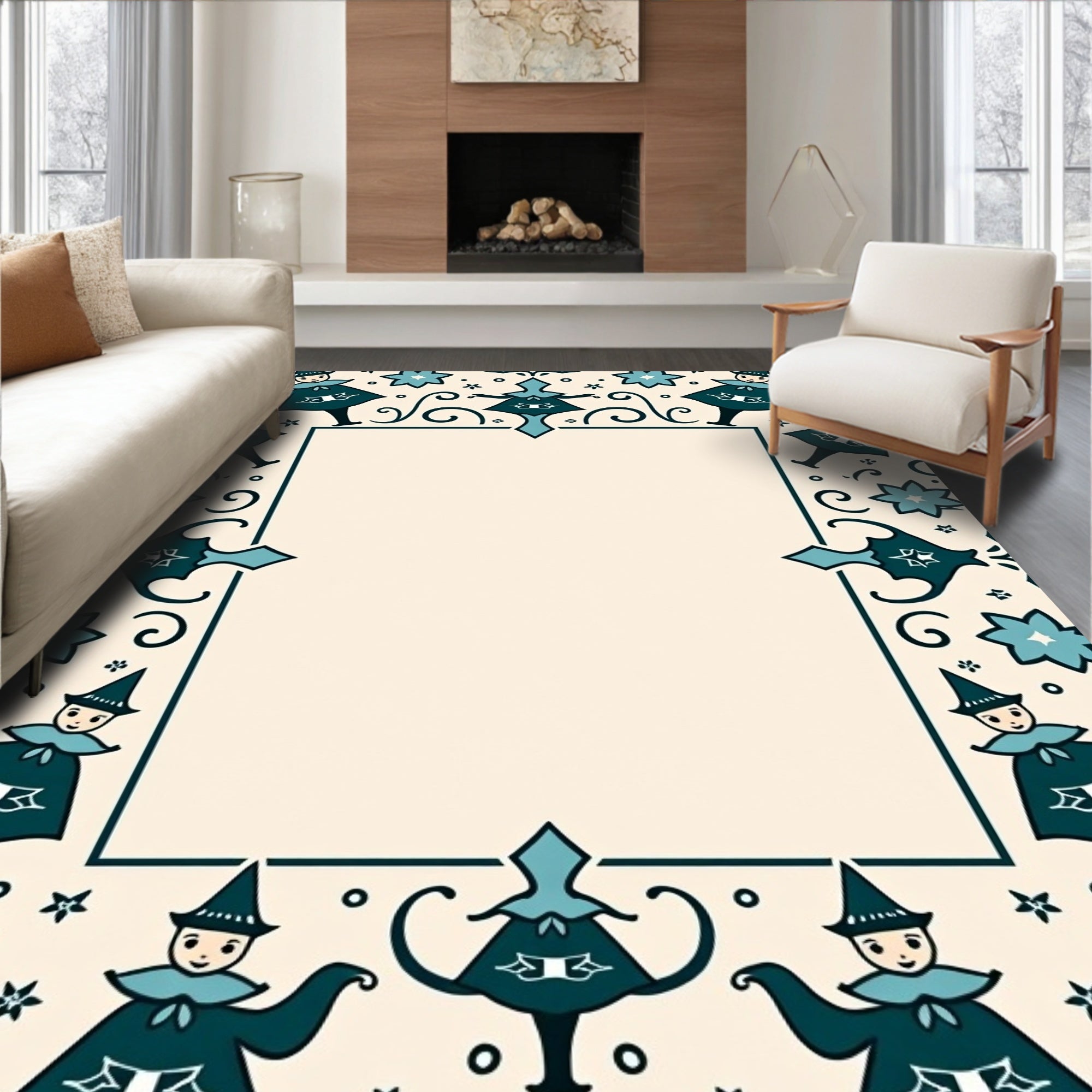 Teal Jester Folk Art Frame Rug