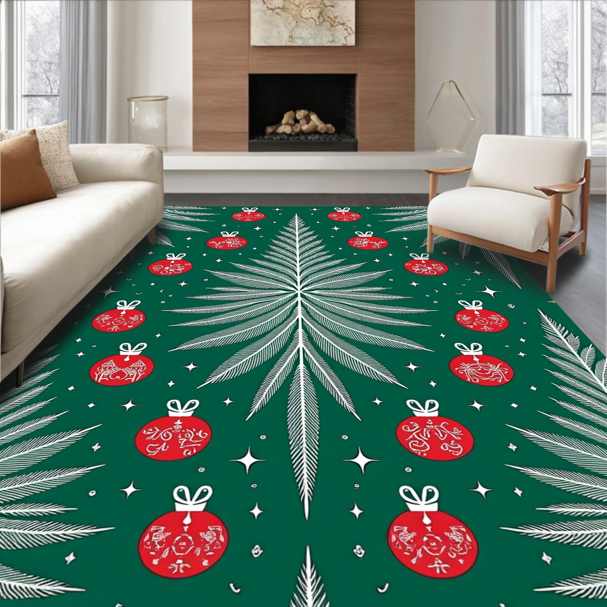 Green Christmas Tree Red Ornaments Rug