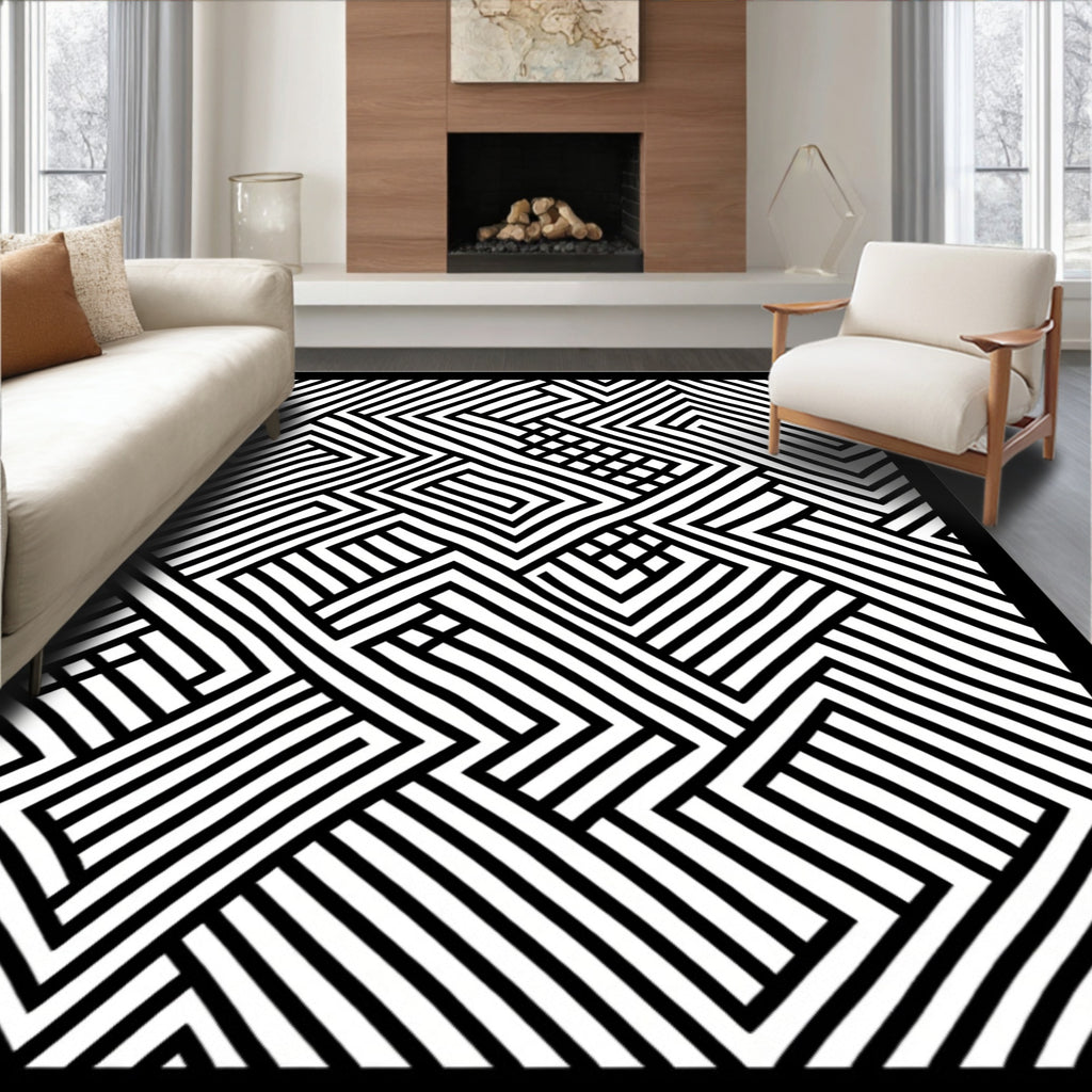 Striped Black White Labyrinth Rug