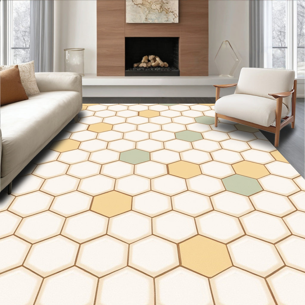 Subtle Hexagon Cream Yellow Mint Rug