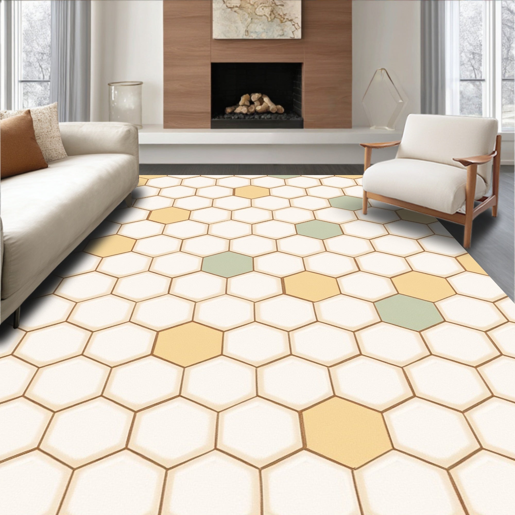 Subtle Hexagon Cream Yellow Mint Rug
