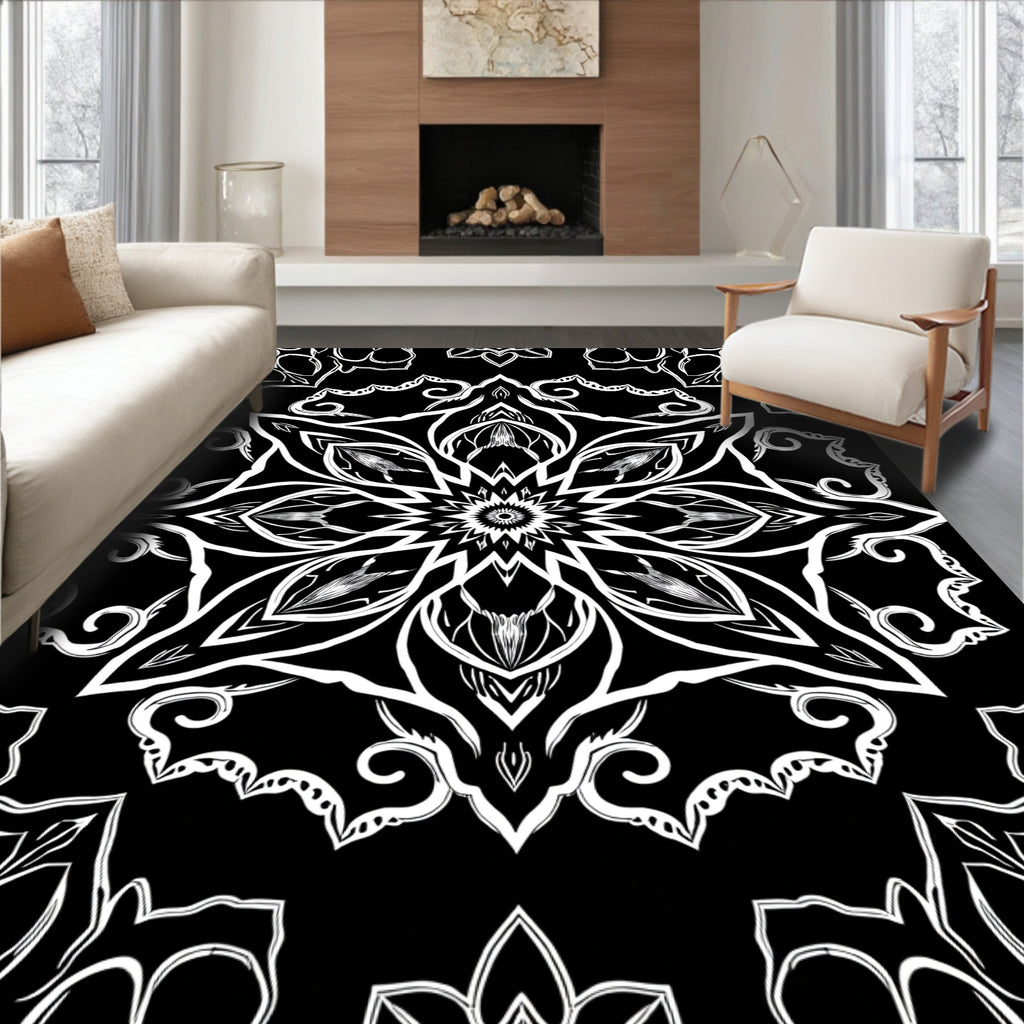 Ornate White Black Mandala Blossom Rug