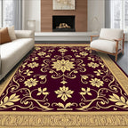 Deep Red Golden Floral Scroll Rug
