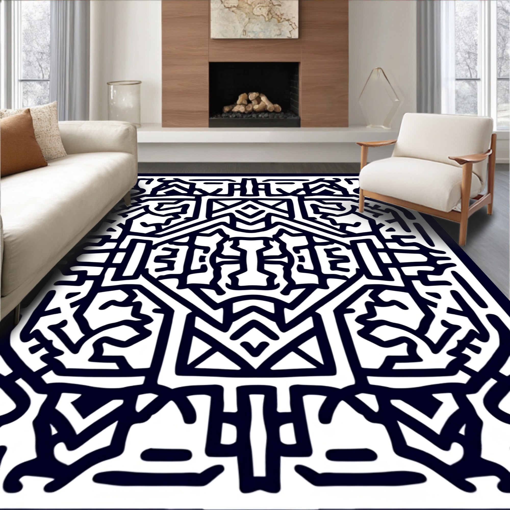 Black and White Abstract Graphic Maze Rug