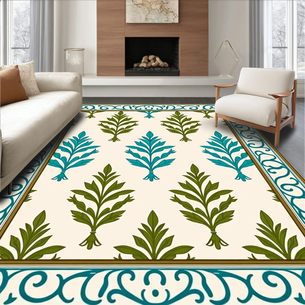 Teal and Olive Leaf Border Rug