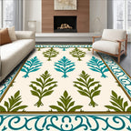 Teal and Olive Leaf Border Rug