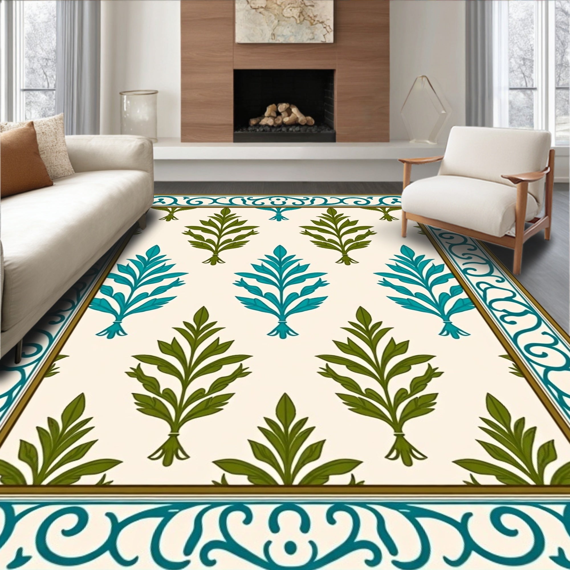 Teal and Olive Leaf Border Rug