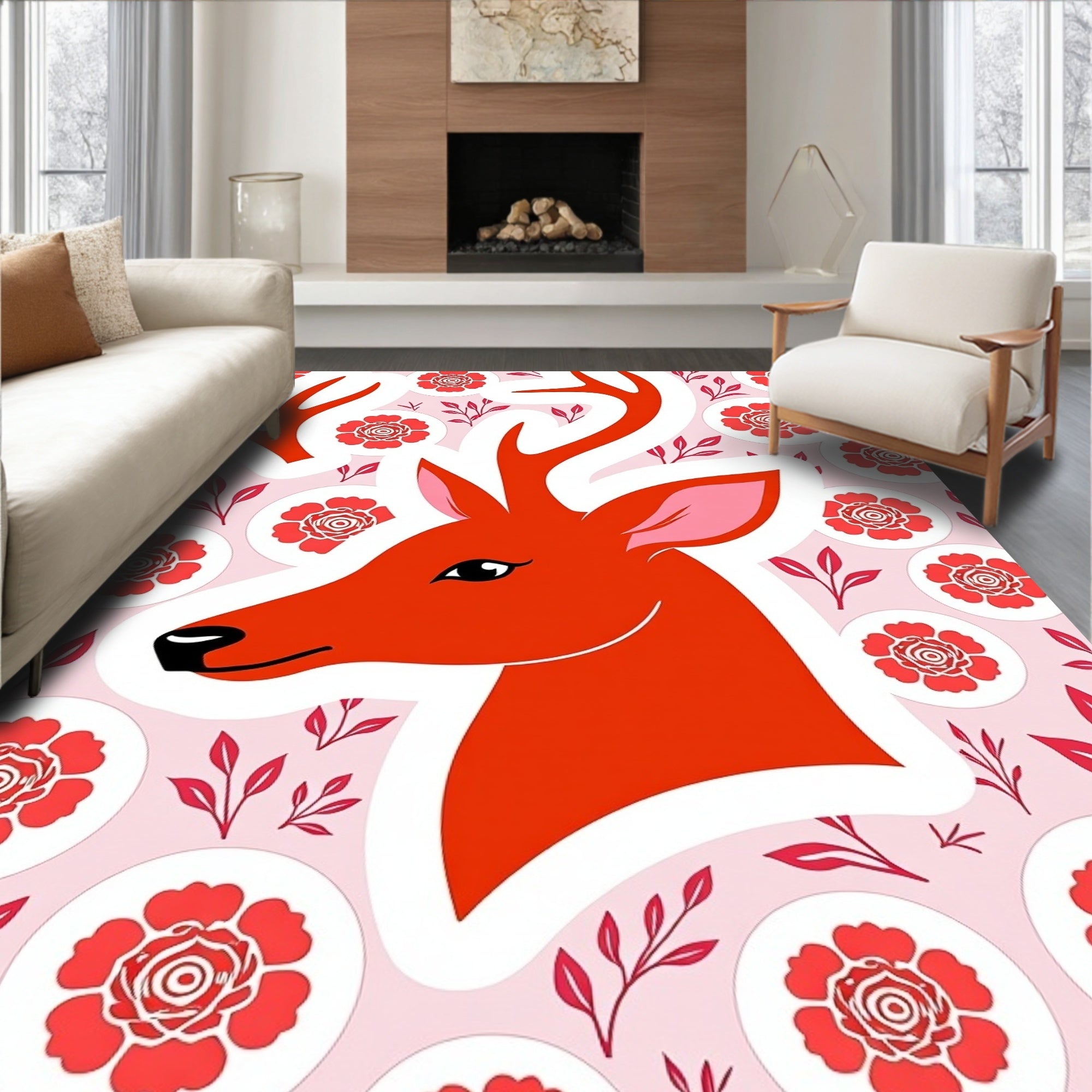 Orange Deer Red Floral Circles Background Rug