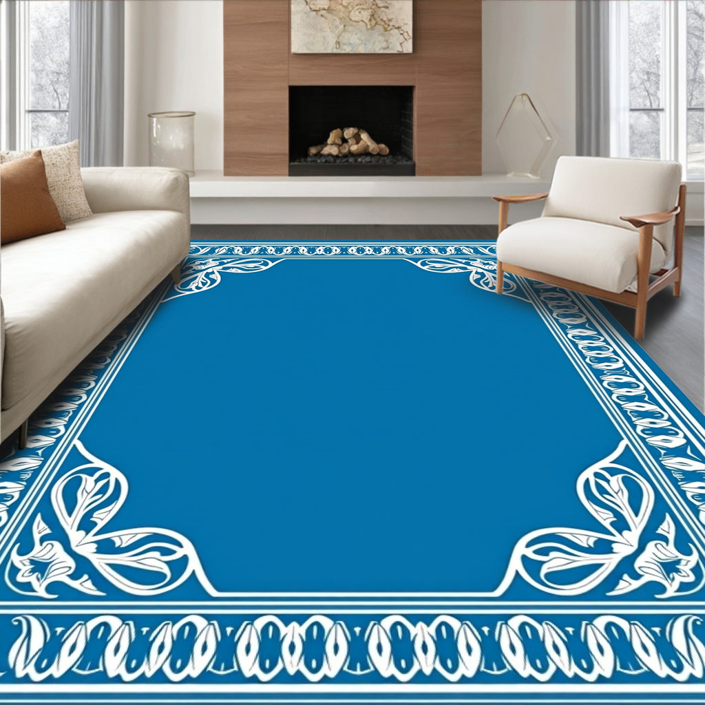 Deep Blue Ornate Floral Border Rug