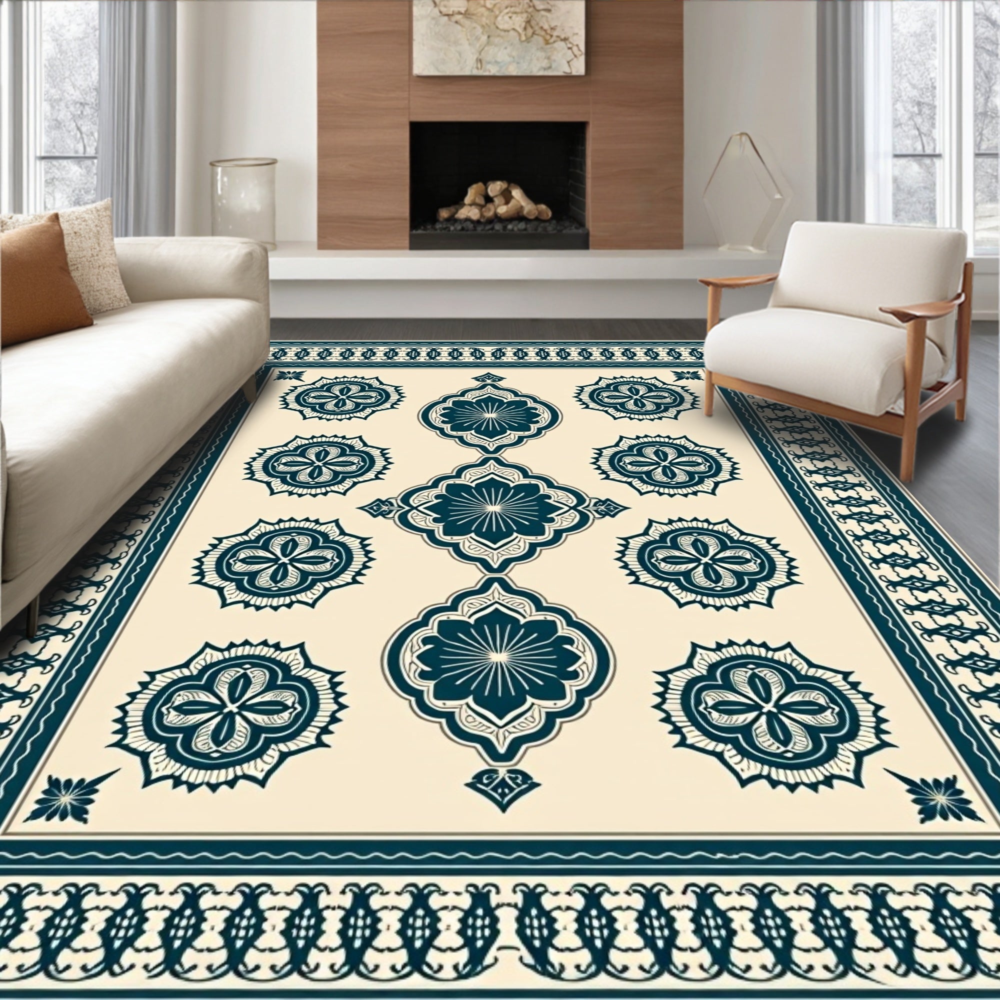 Deep Teal Arabesque Medallion Ivory Rug