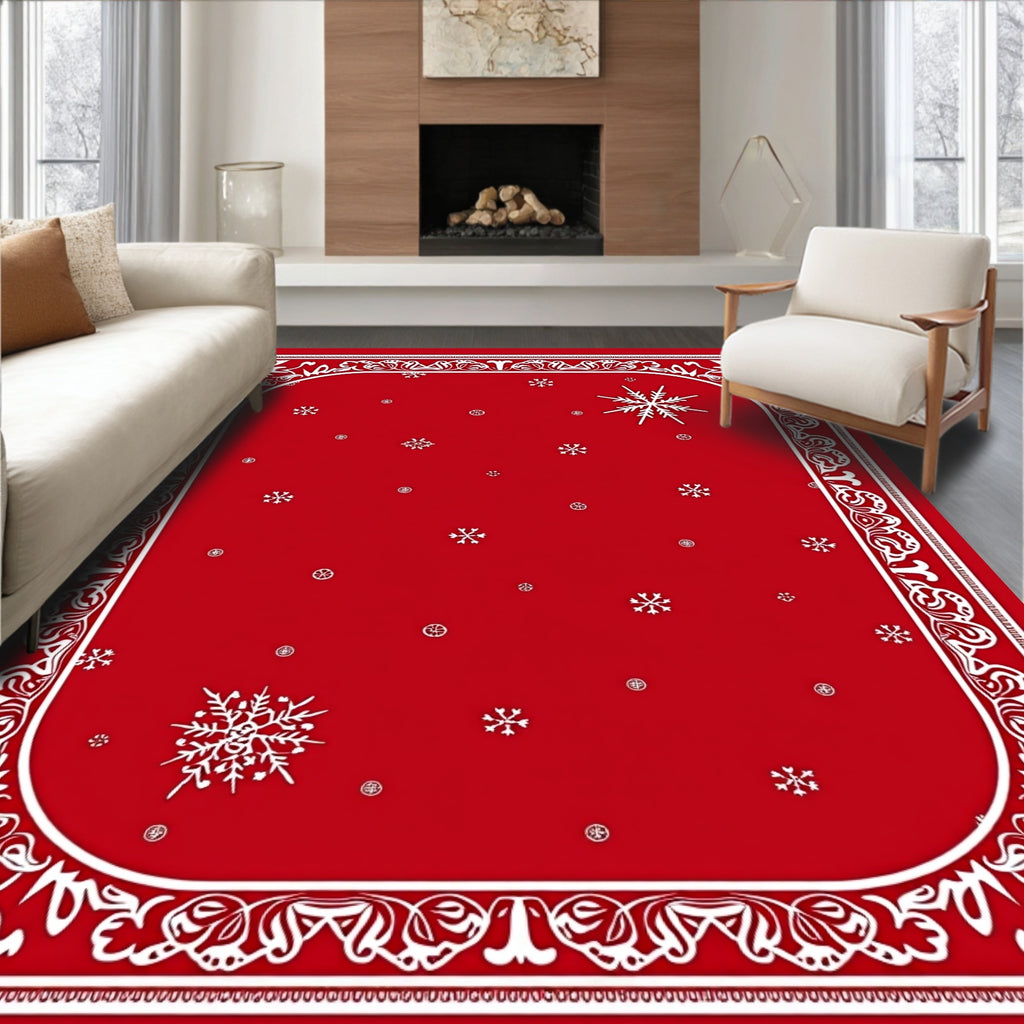 Crimson White Snowflake Border Rug