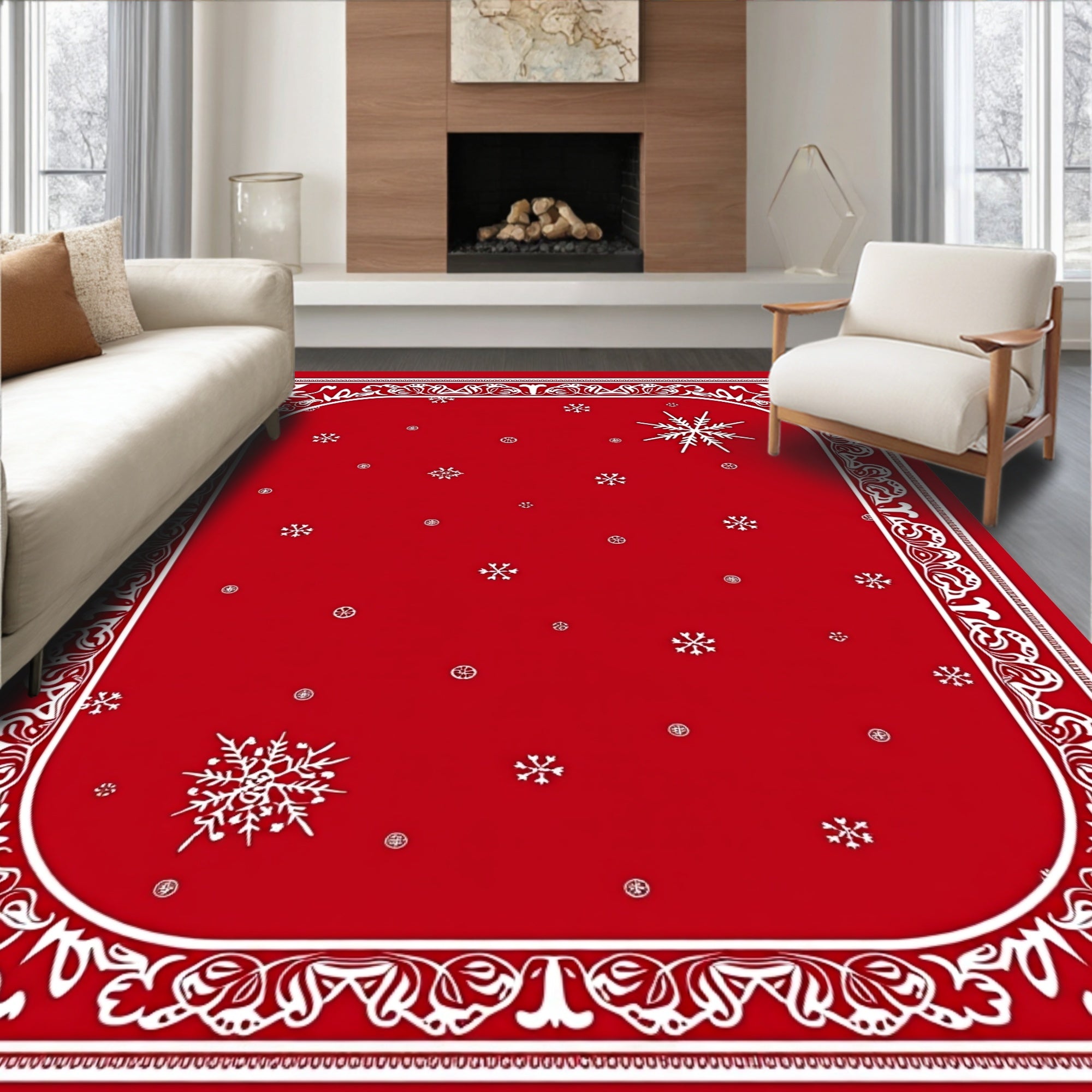 Crimson White Snowflake Border Rug