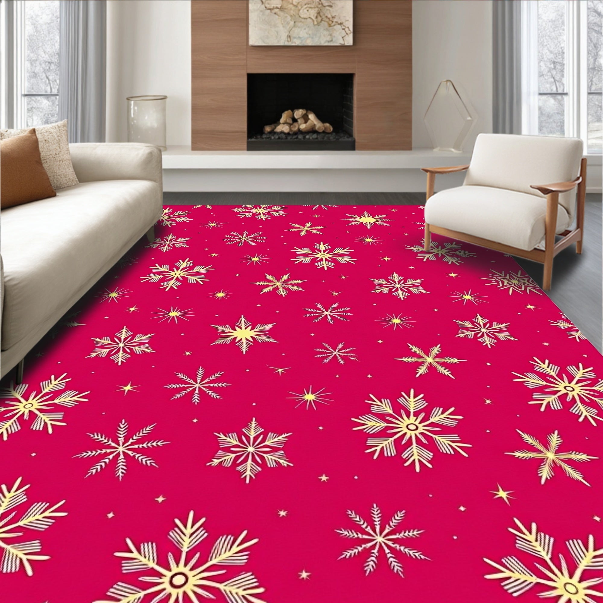 Crimson and Gold Snowflake Scatter Rug