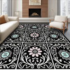 Art Nouveau Floral Black Pink Blue Rug