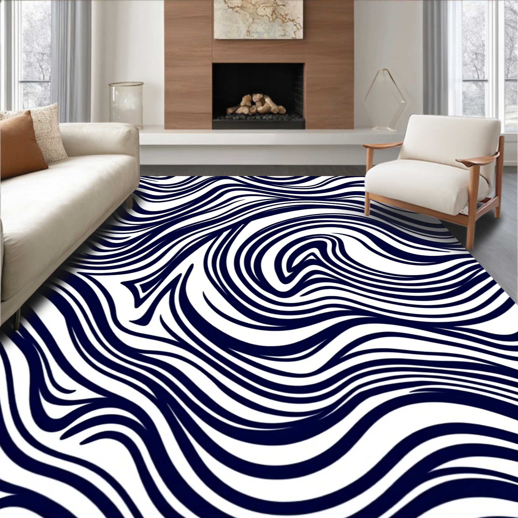 Deep Blue Swirl Stripes Rug