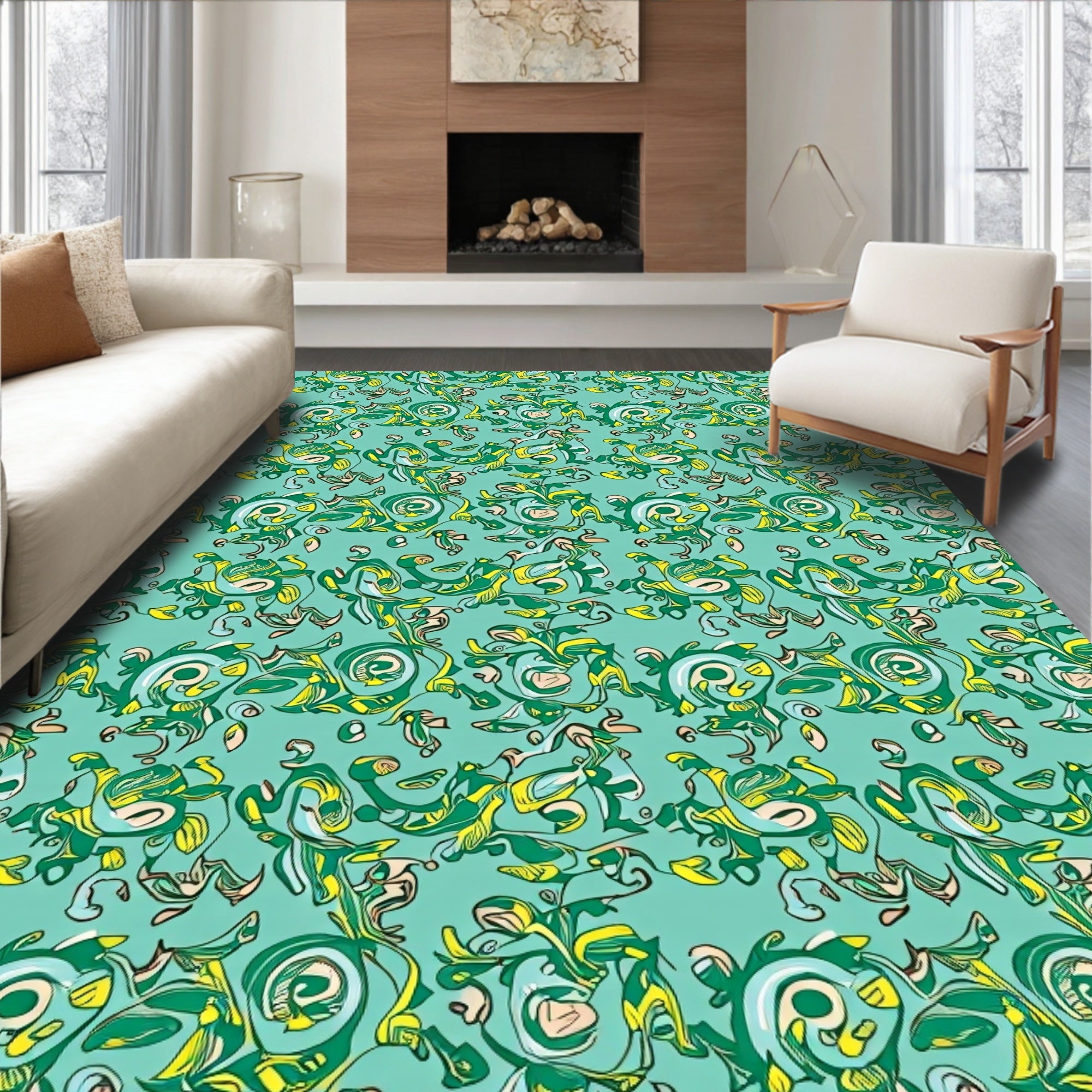 Teal Green Whimsical Abstract Swirl Rug