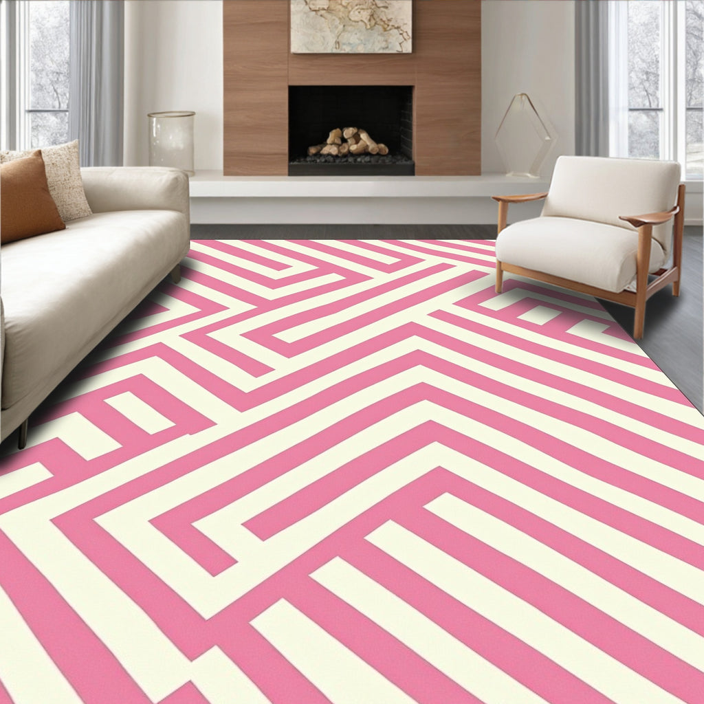 Soft Pink Geometric Maze Rug