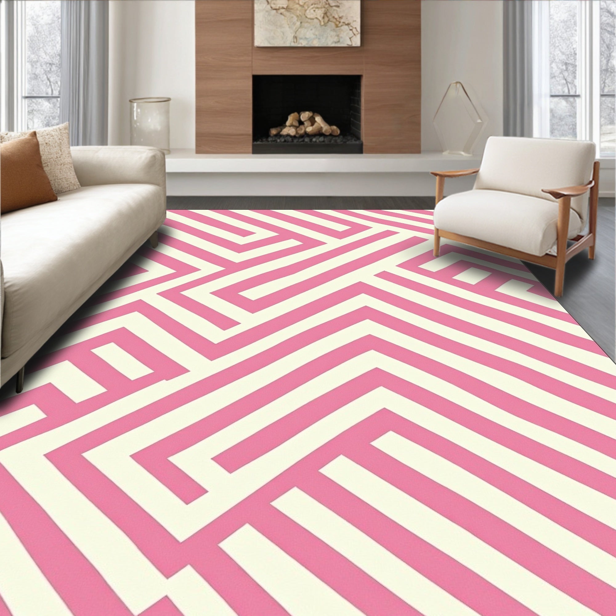 Soft Pink Geometric Maze Rug